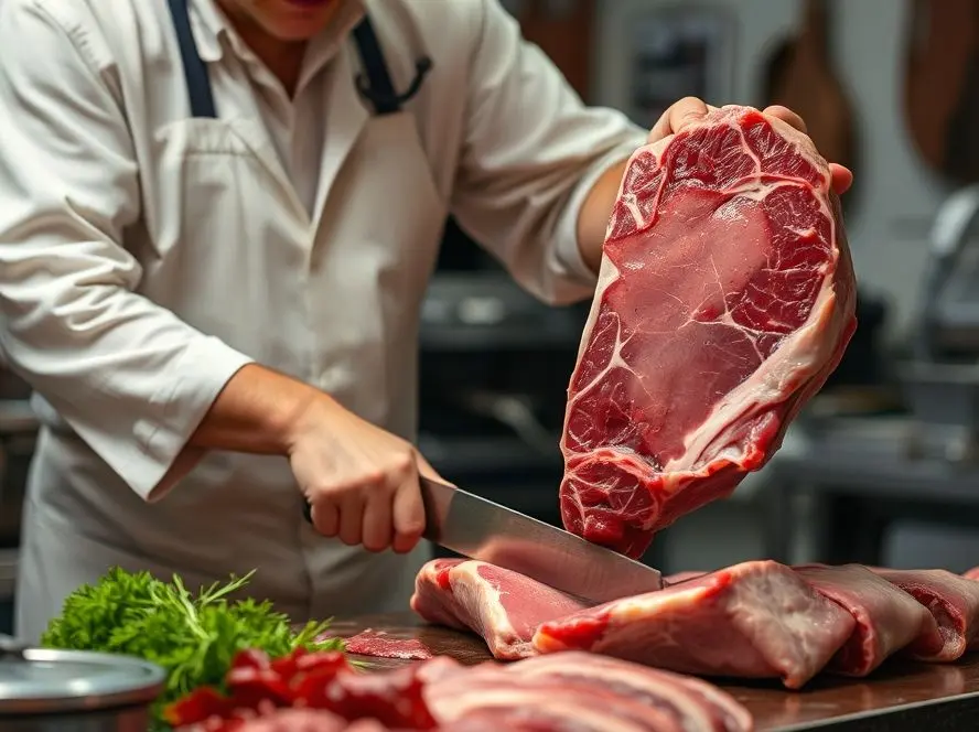 A butcher skillfully preparing a cut of meat.